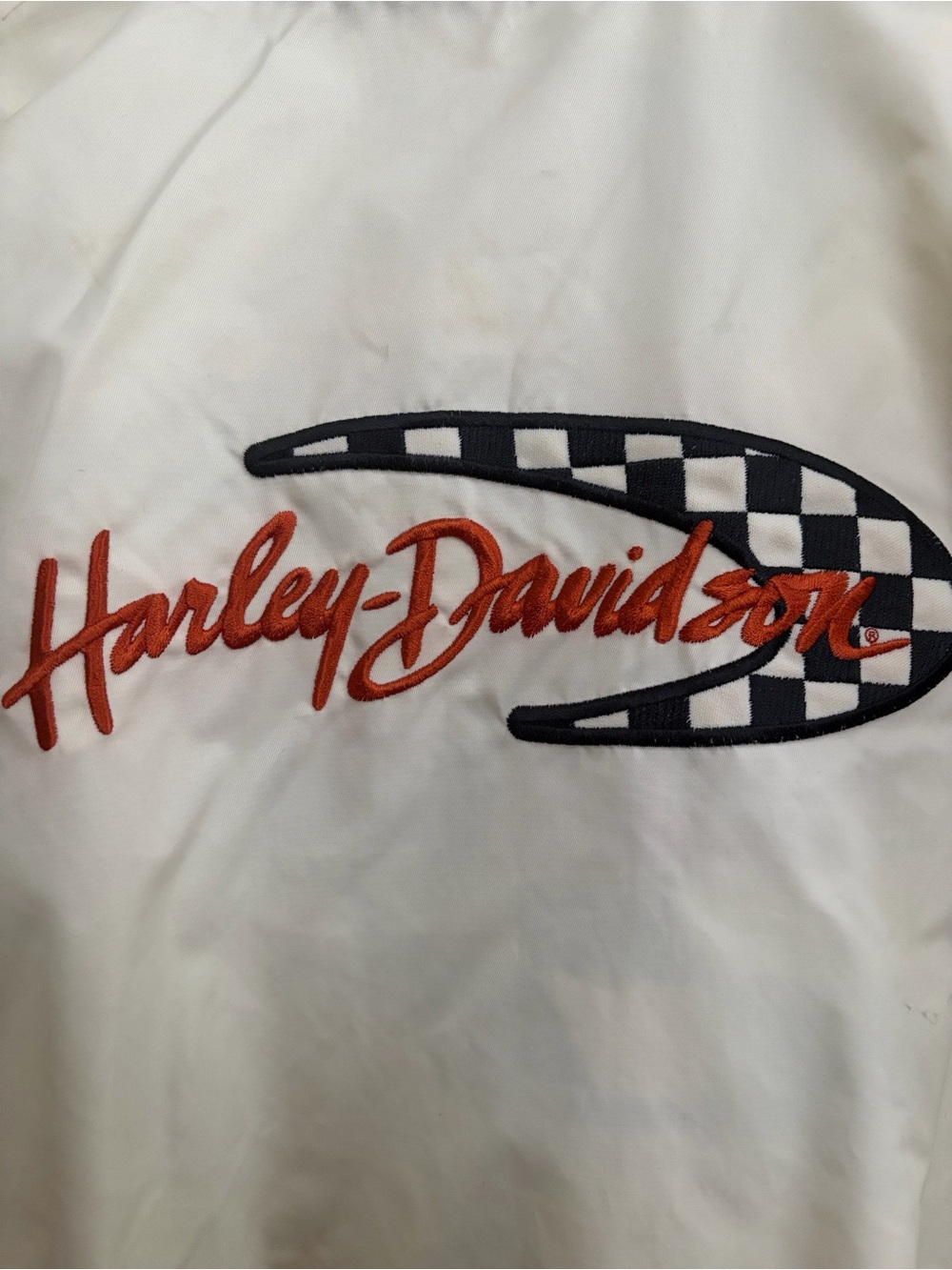 Vintage Y2KHarley-Davidson Cream Bomber Jacket with Racing Stripes